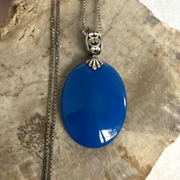 Sterling Silver 925 Oval Blue Chalcedony Quartz Scrollwork Pendant Necklace 20" - Picture 3 of 16